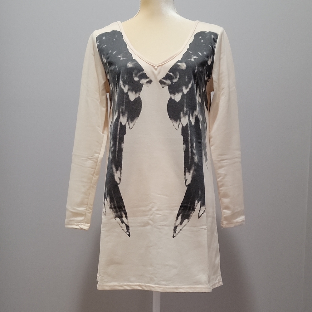 NWOT Zanzea Graphic Angel Wings V-Neck Tunic Sweatshirt Dress Cream Black S
